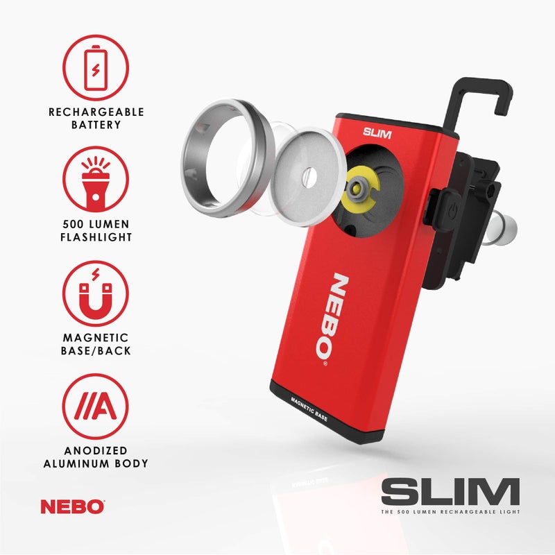 NEBO Slim Pocket Flashlight | 500 Lumens, Rechargeable Mini EDC Work Light, Magnetic Base & Dimmable Brightness, Durable & Water Resistant, Includes Charging Cable â€” Red - Image 2